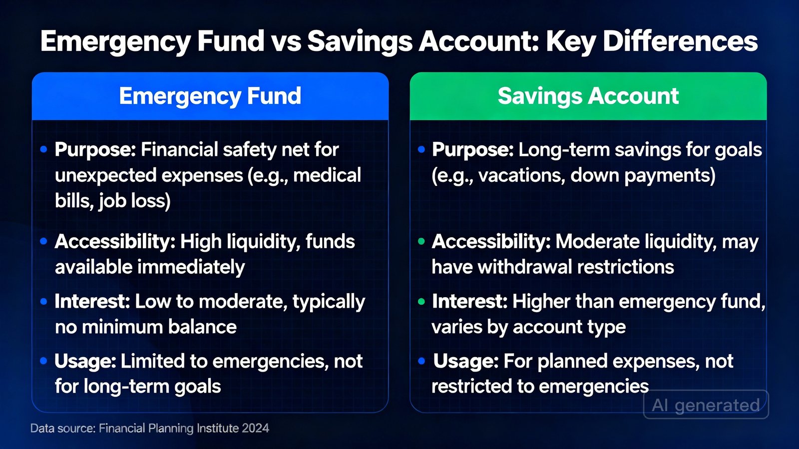 Emergency Fund vs Savings Account comparison showing purpose, access speed, and use cases